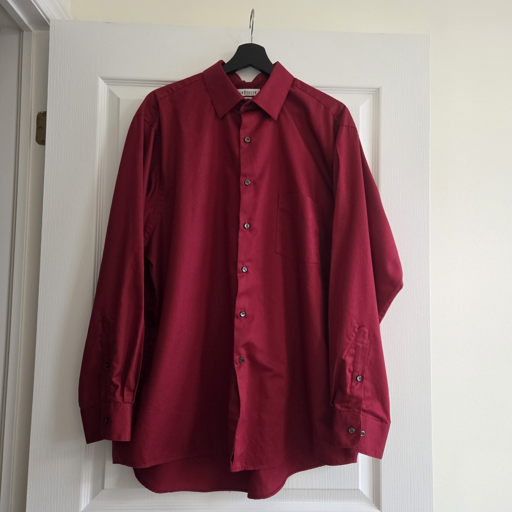 Van Heusen Men’s Deep Red Long Sleeve Button-Down Shirt – Size 17.5 Neck